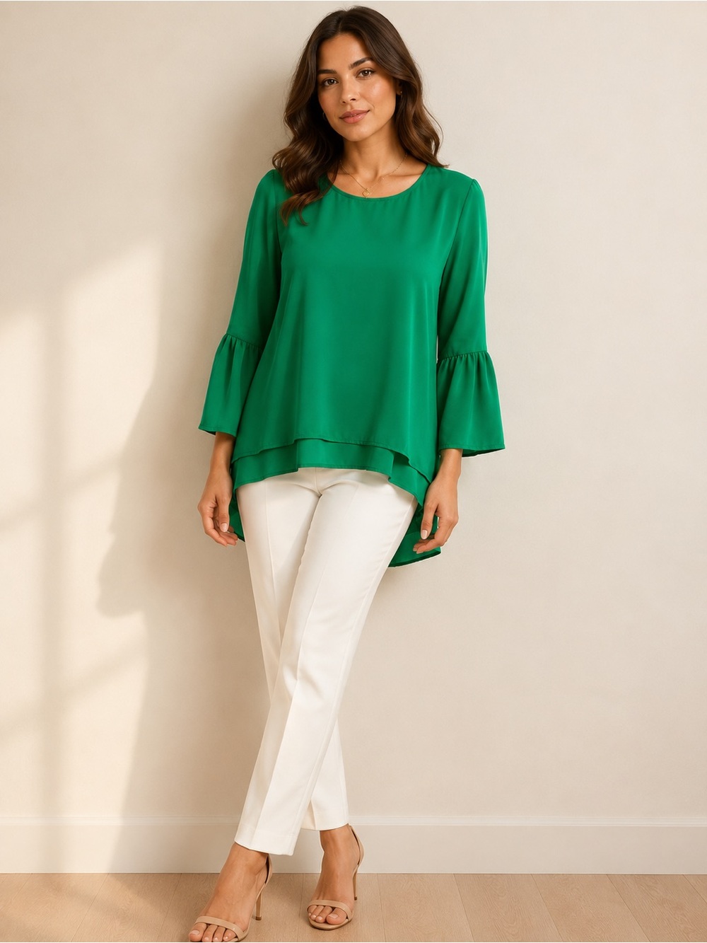 Women's Green Bell Sleeve High-Low Blouse